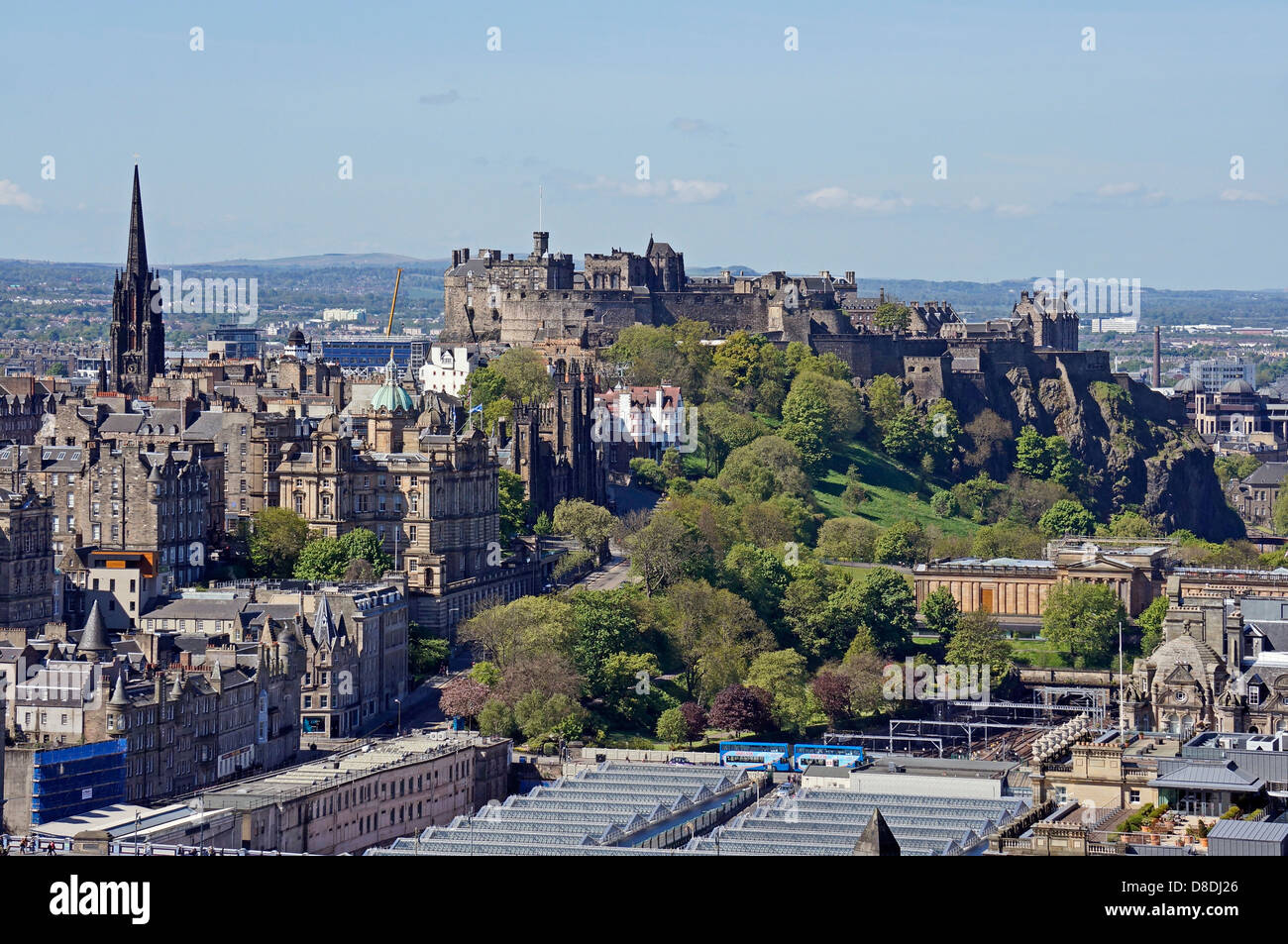 View towards Edinburgh Castle from the Nelson Monument on Calton Hill in Edinburgh Scotland Stock Photo