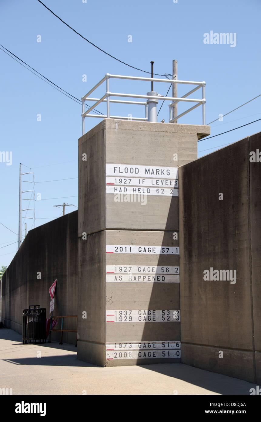Mississippi, Vicksburg. City flood wall marked with historic flood