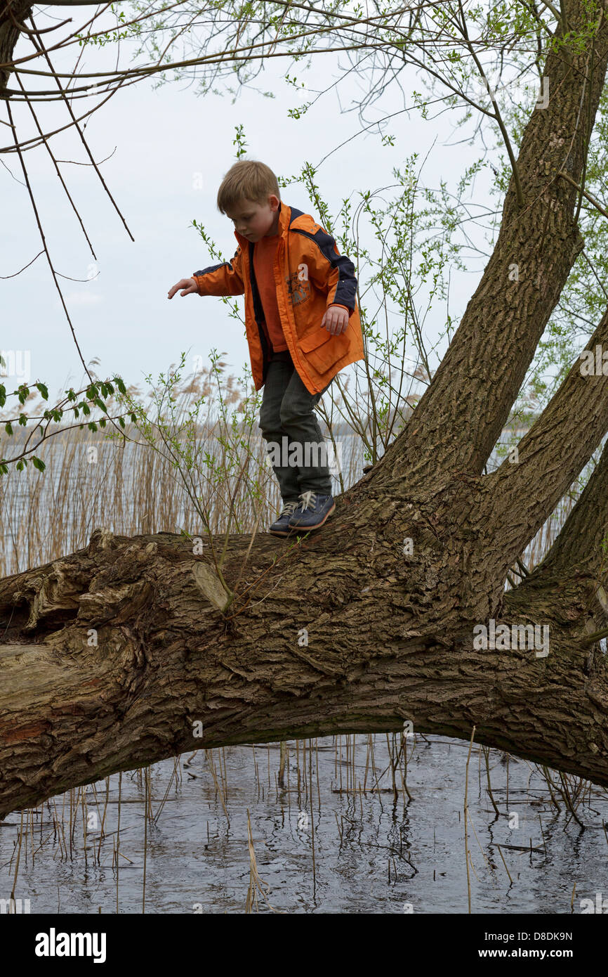 young boy climbing a tree that grows across a lake Stock Photo