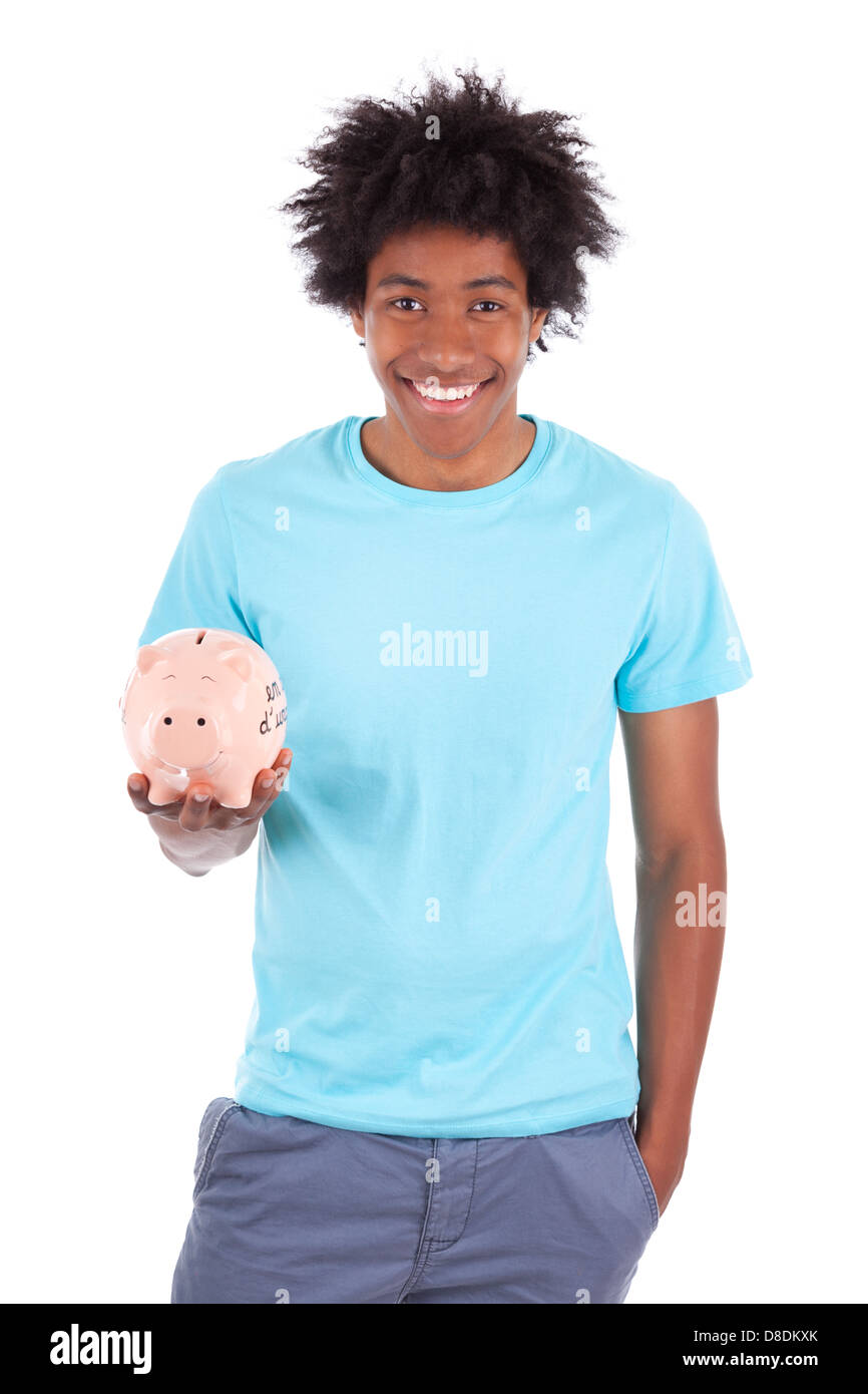 Young black teenage men holding a piggy bank , isolated on white ...