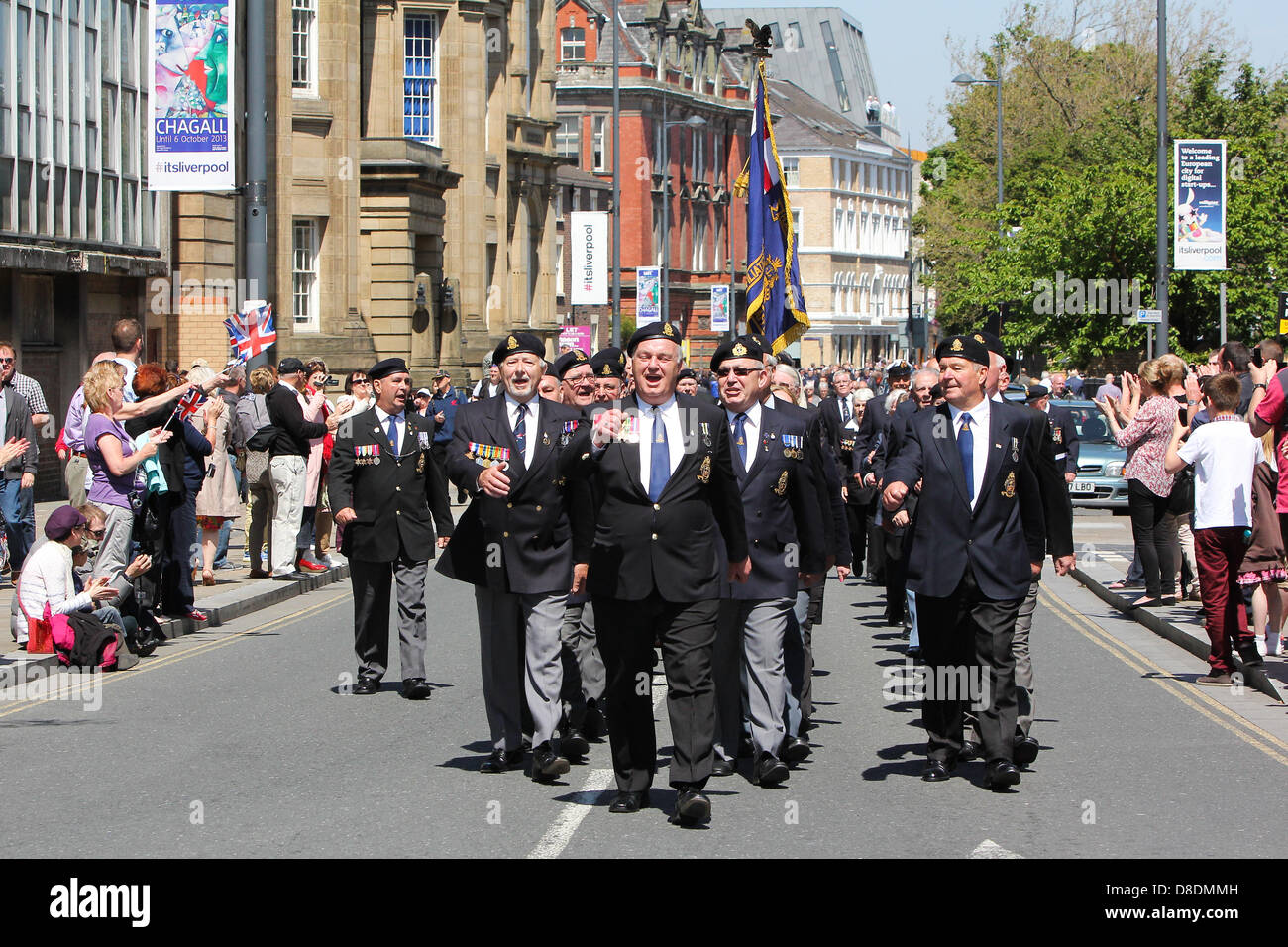 Liverpool, UK. 26th May, 2013. Following a private service at the Liverpool Anglican Cathedral, platoons from the Merchant Navy, Royal Fleet Auxiliary, Regulars, Reservists and Cadets from the Royal Navy, Army and Royal Air Force took part in a march on Sunday, May 26, 2013 to commemorate those who sacrificed their lives during The Battle of The Atlantic that ended 70 years ago. The march was organised as part of a weekend of activities to commemorate the end of the Battle of the Atlantic. Credit: Christopher Middleton/Alamy Live News Stock Photo