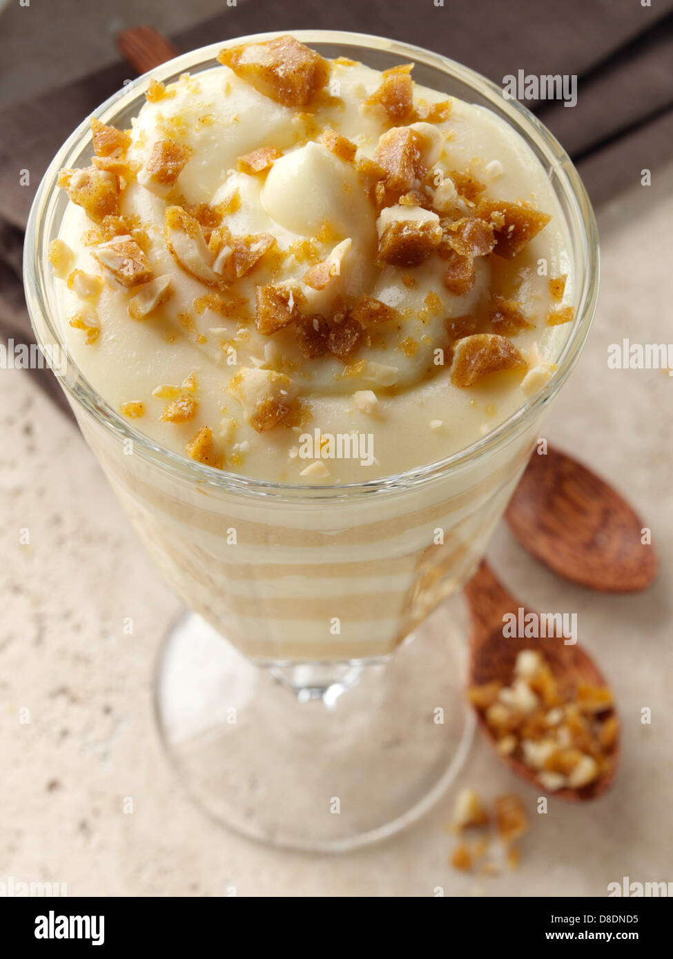 Brittle topped Vanilla butterscotch pudding parfaits Stock Photo Alamy