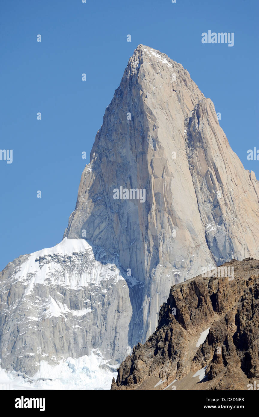 The summit of Monte Fitz Roy (Cerro Chaltén, Cerro Fitz Roy, Mount Fitz Roy, Mount Fitzroy) from the north east. Stock Photo