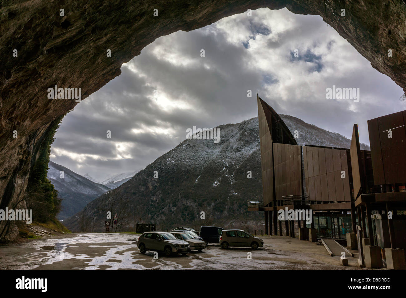 Niaux Cave entrance, Tarascon sur Ariege, French Pyrenees, France with cave paintings from the Magdalenian period. Stock Photo