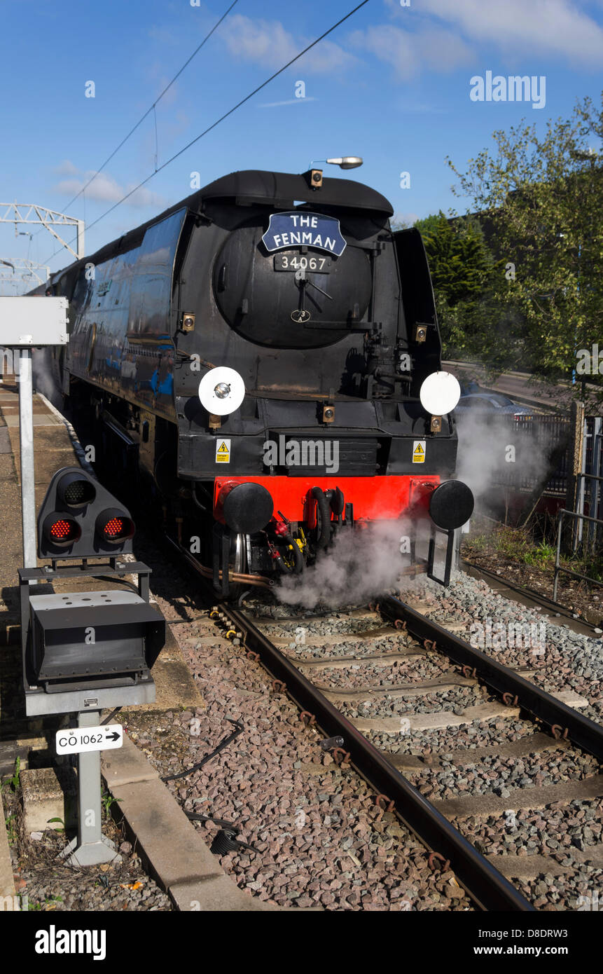 steam locomotive 34067 Tangmere at Colchester station on Saturday 25th May 2013 on the Anniversary Fenman special train to Kings Lynn.  Regular steam traction ceased in this station in 1960. Stock Photo