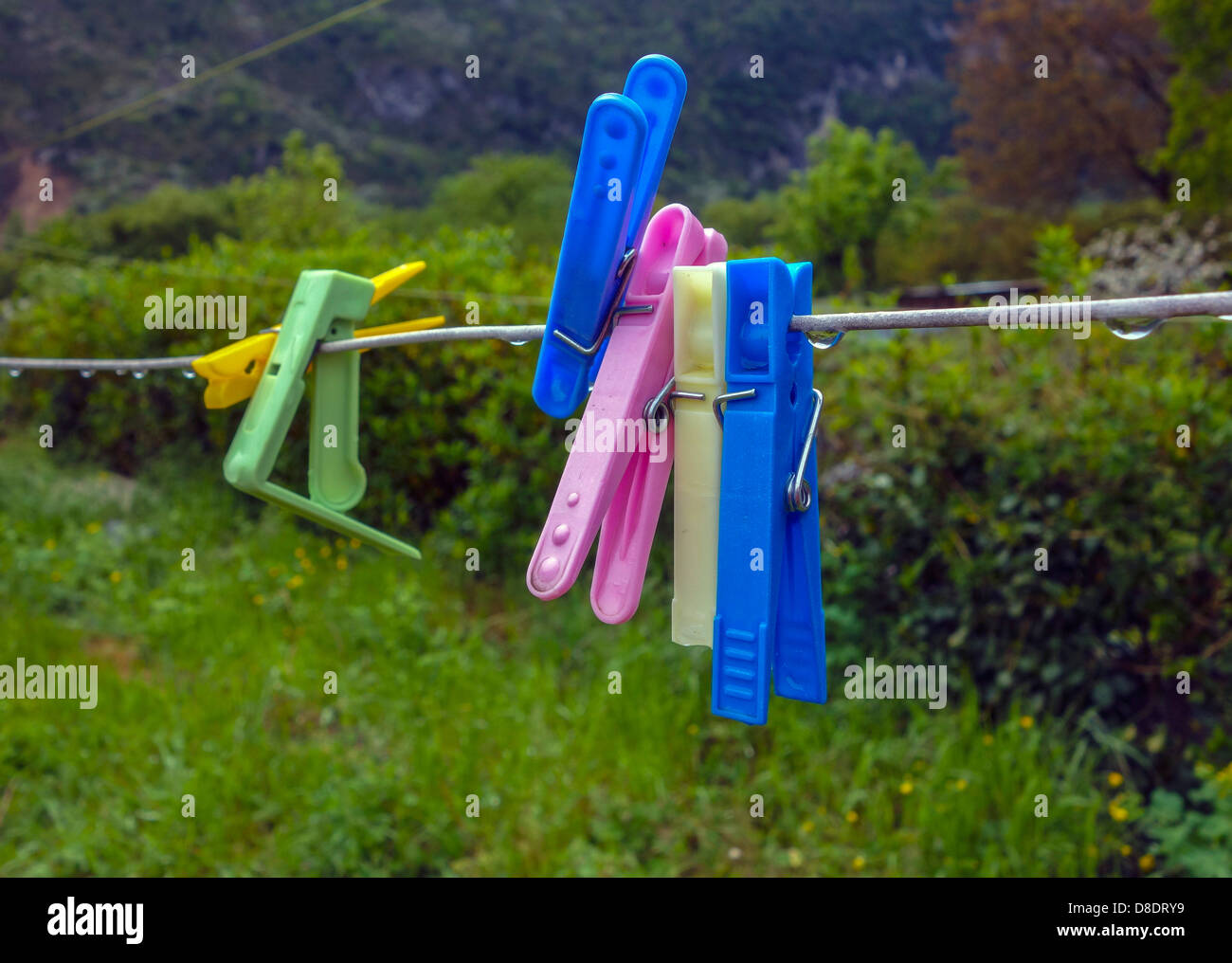 Colourful colorful plastic pegs hanging on washing line Stock Photo