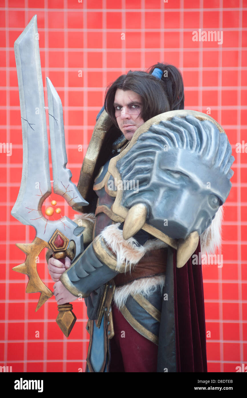 London, UK - 26 May 2013: Jason Edwards dressed as Varian Wrynn of World of Warcraft poses for a picture during the London Comic Con 2013 at Excel London. London Comic Con is the UK's largest event dedicated to pop culture attracting thousands of artists, celebrities and fans of comic books, animes and movie memorabilia. Credit: Piero Cruciatti/Alamy Live News Stock Photo