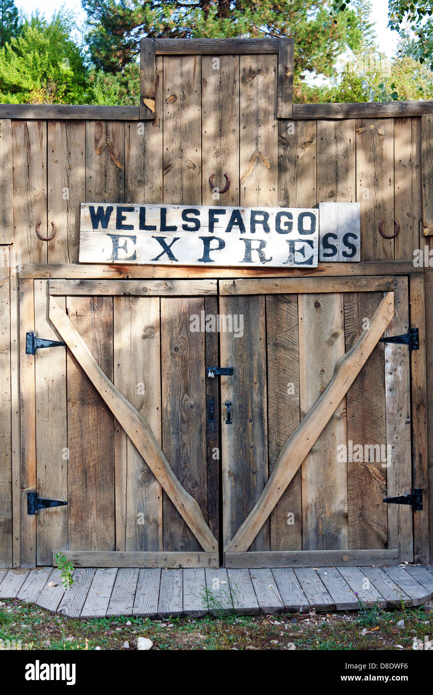 Small old wooden shack reading 'Wells Fargo Express' in Idaho ghost town Idaho City Stock Photo