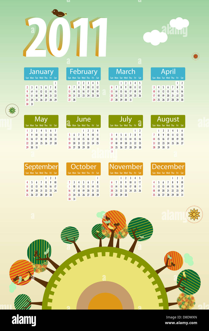 Calendar 2011 environmental retro planet with trees,birds,flowers and clouds. Editable Vector Illustration Stock Photo