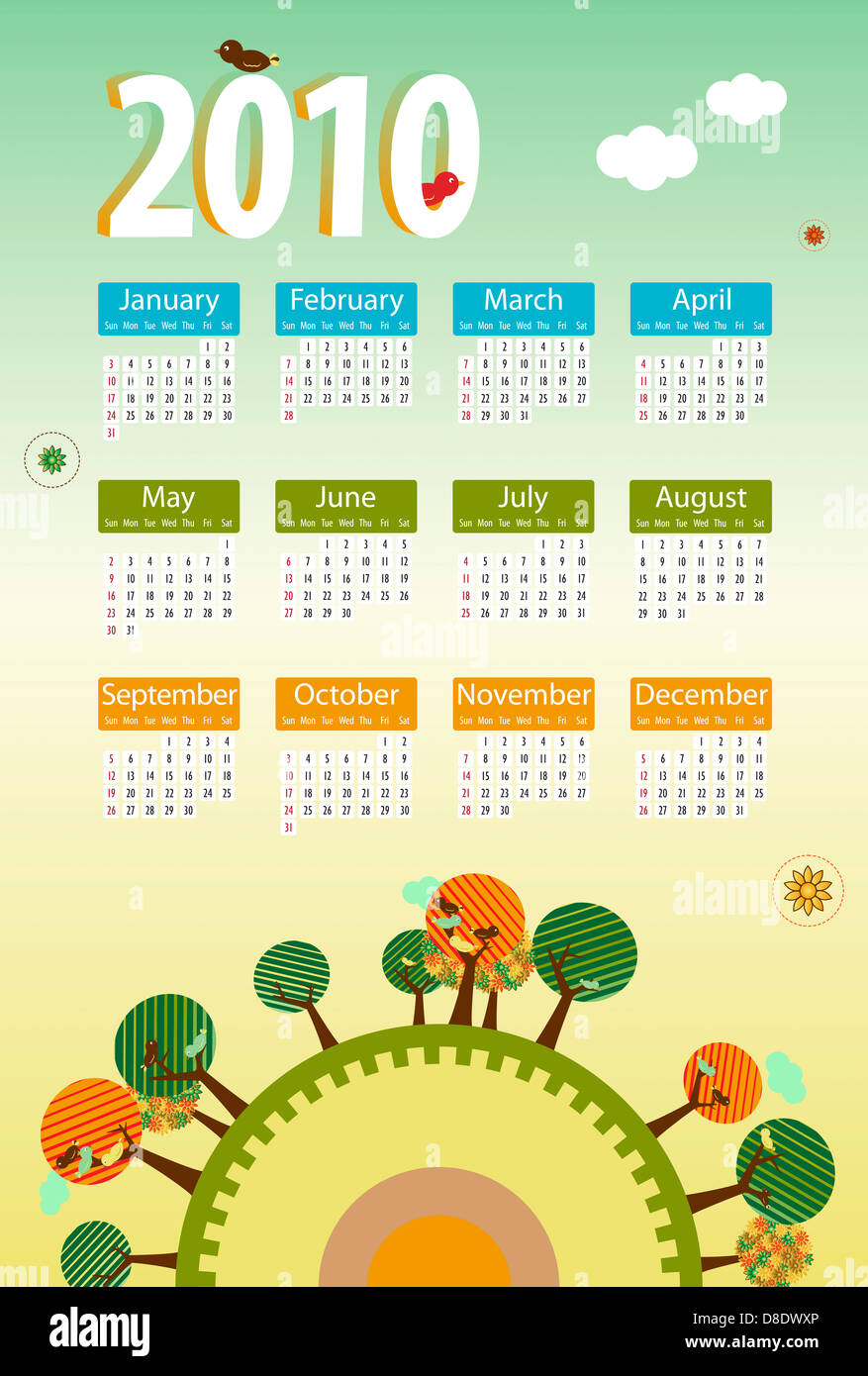 Calendar 2010 environmental retro planet with trees,birds,flowers and clouds Stock Photo