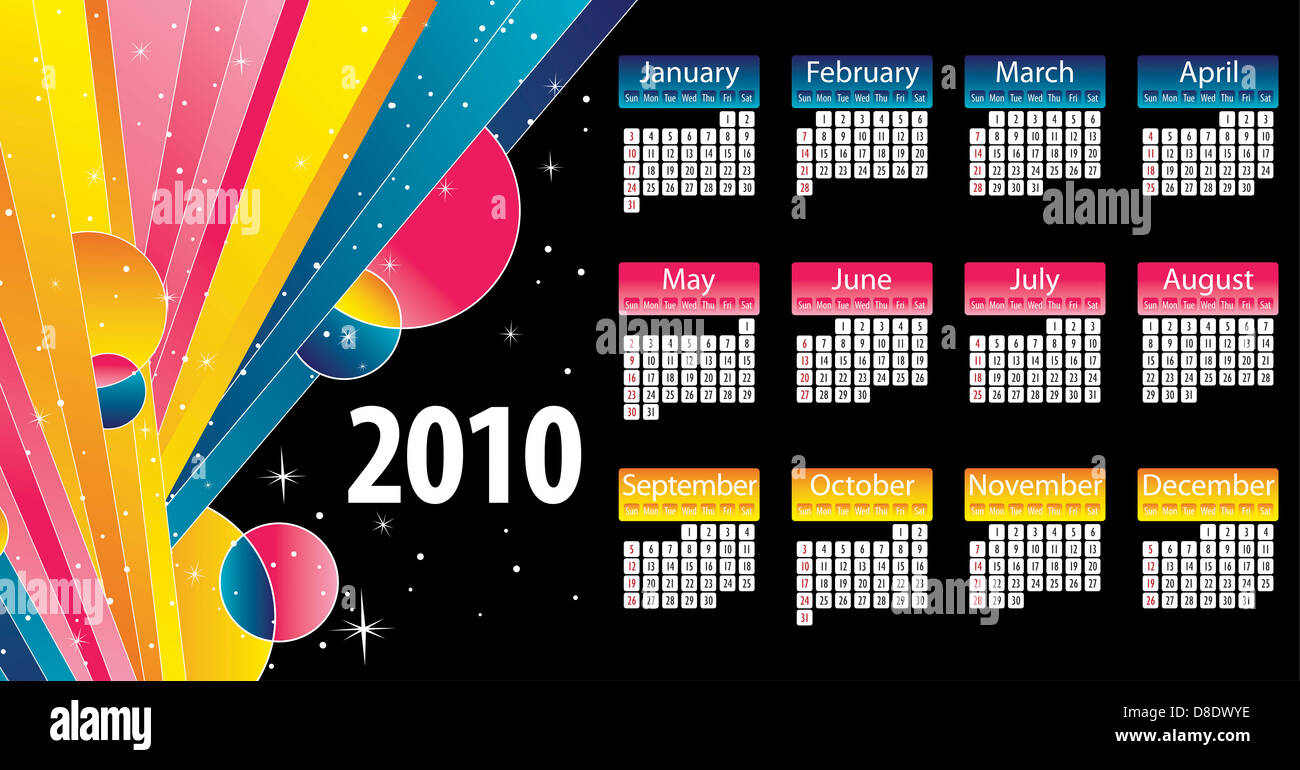 Modern and colorful calendar 2010 with stripes and stars Stock Photo