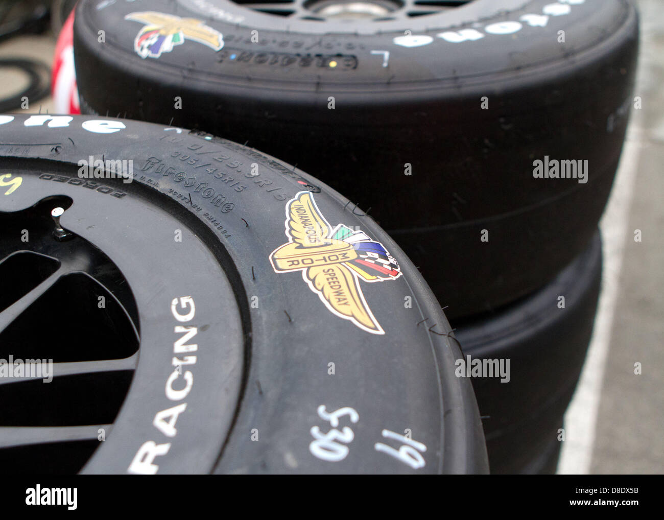 May 26, 2013 - Indianapolis, IN - May 26, 2013: A stack of Firestone tires are prepped with the Indianapolis 500 logo and ready for the Indianapolis 500 at the Indianapolis Motor Speedway in Speedway, IN Stock Photo