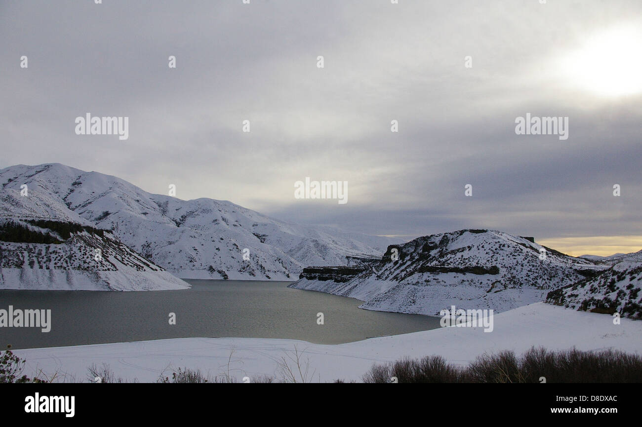 Lucky Peak Reservoir in Boise, Idaho during winter covered in snow