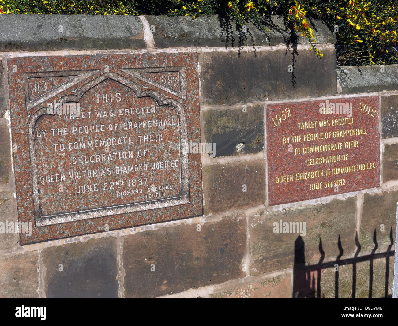 Two Jubilee plaques in Church Lane, Grappenhall Village, Warrington, Cheshire, England, UK WA4 2SJ Stock Photo