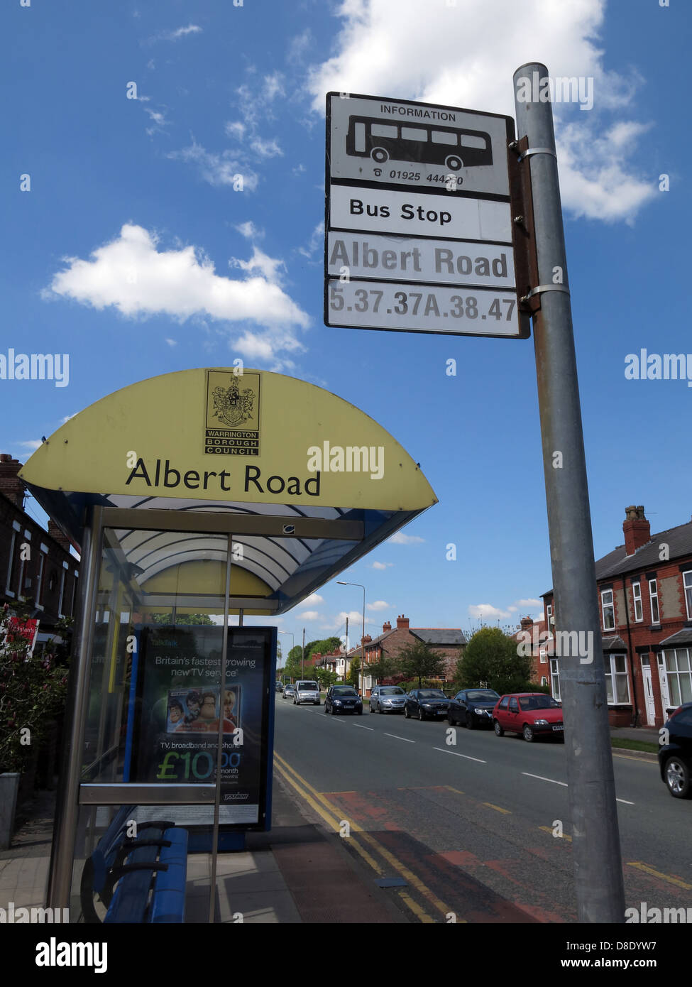 Albert Road bus stop, Knutsford Road, Grappenhall,  Warrington Cheshire England UK, WA4 2PB Stock Photo