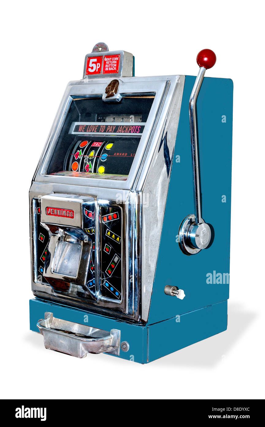 A small nickel slot machine knockout image on a white background Stock Photo