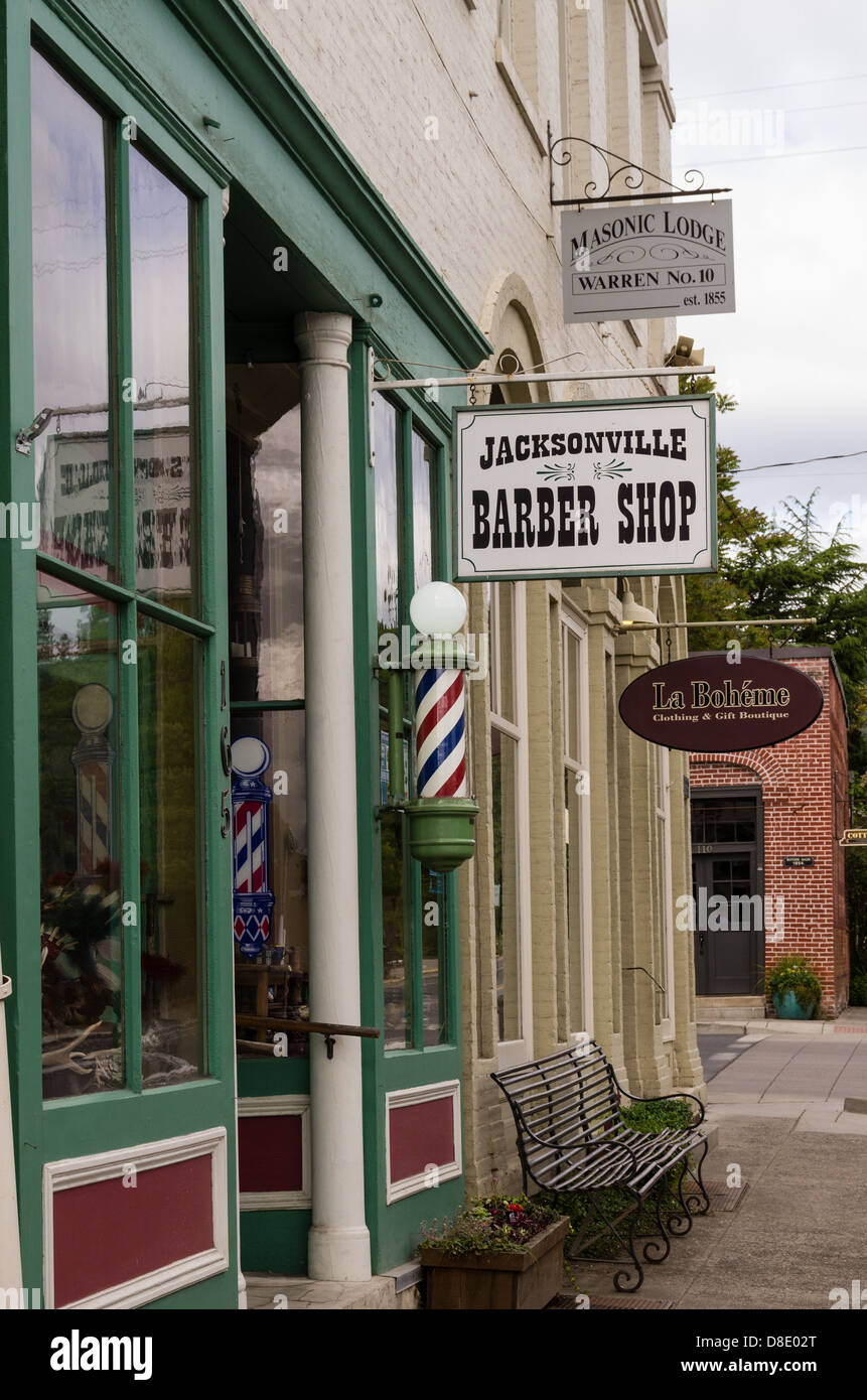 Jacksonville, Oregon, USA. Street signs advertising for businesses in