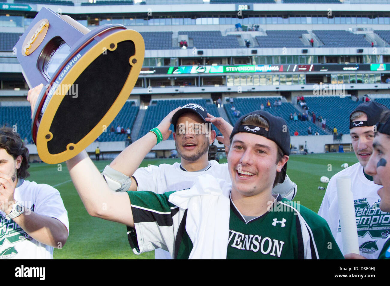 May 26 13 Stevenson Mustangs Attack Tyler Reid 48 Holds Up The Trophy Following The Ncaa Division Iii Championship Lacrosse Match Between Stevenson Mustangs And Rit Tigers At Lincoln Financial Field In
