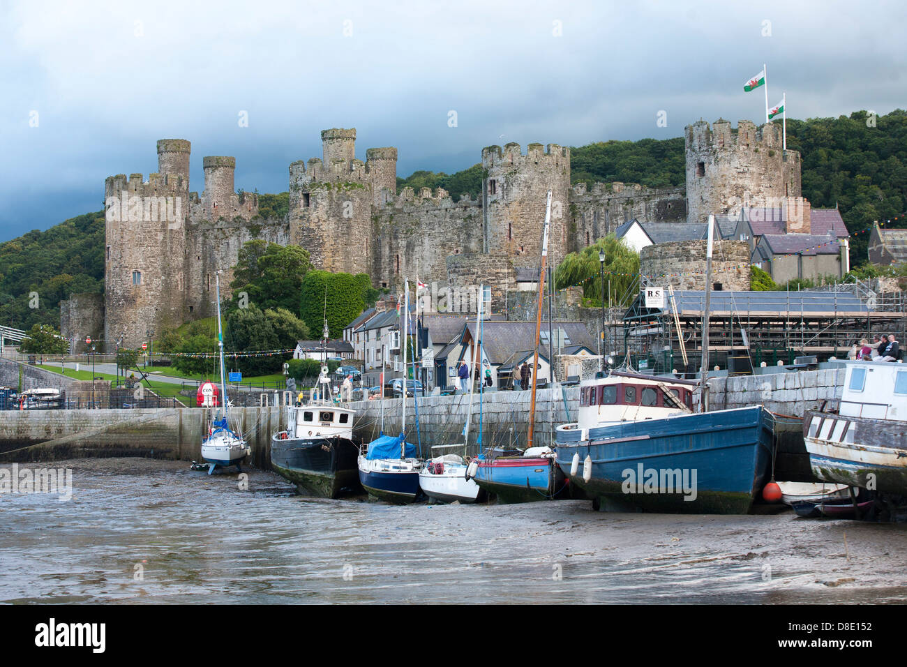 Harbour scenes in Conway Conwy, a welsh town with a famous castle Stock Photo