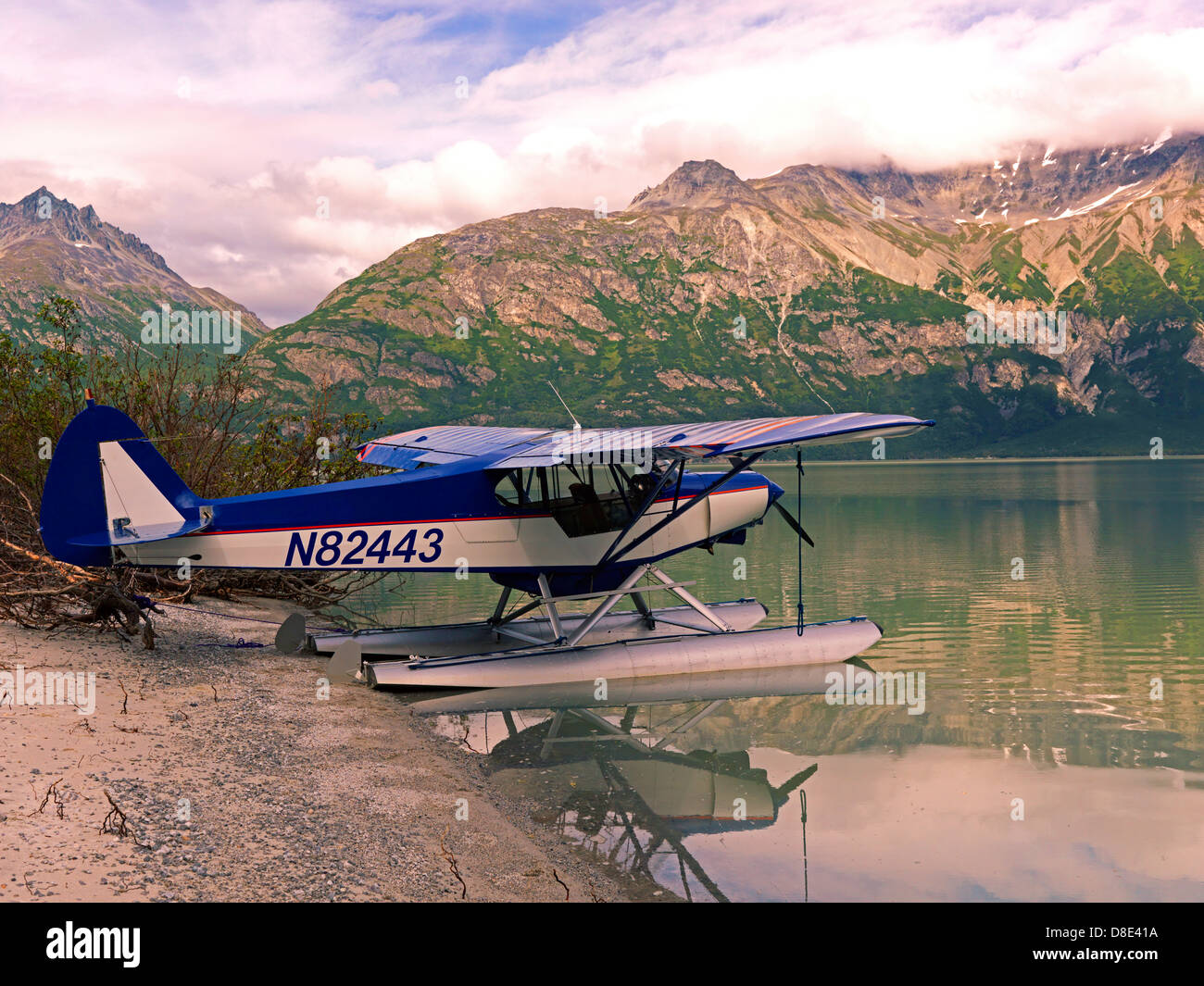 Float plane on the banks of Chakachamna Lake in the Neacola Mountains ...