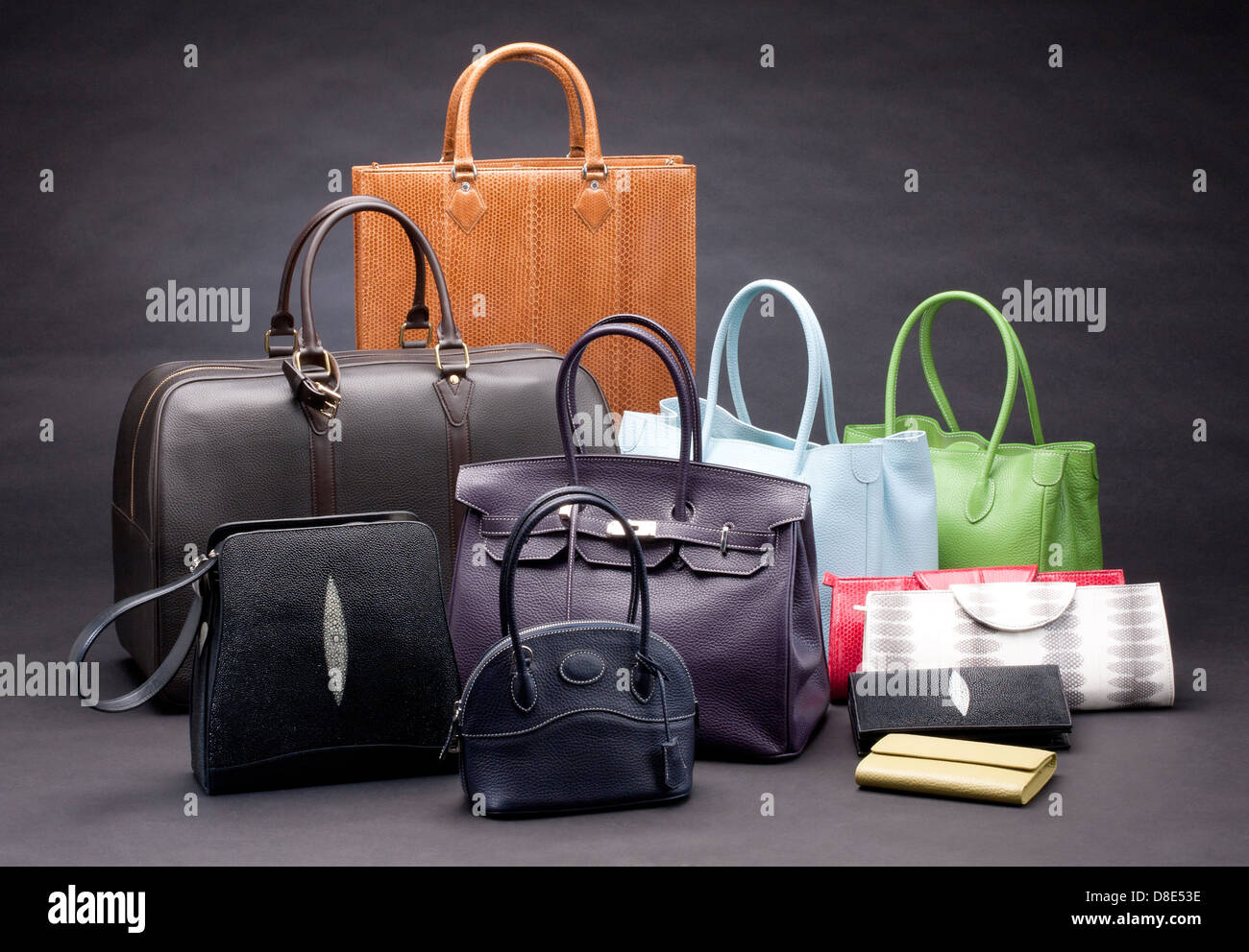 Set of beautiful leather handbags for your choice Stock Photo