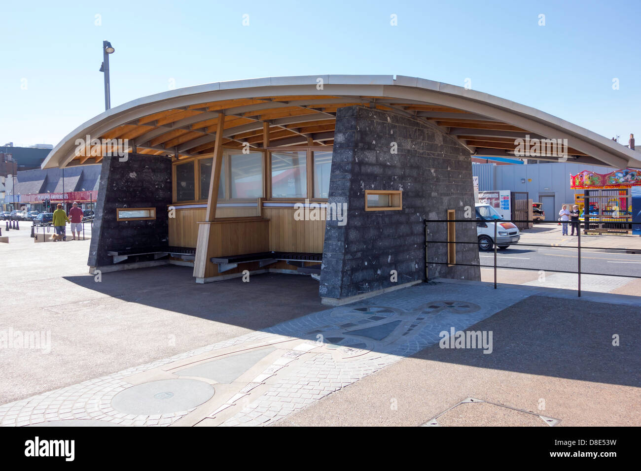 Seaside shelter of a new modern design on the redeveloped Redcar Promenade 2013 Stock Photo