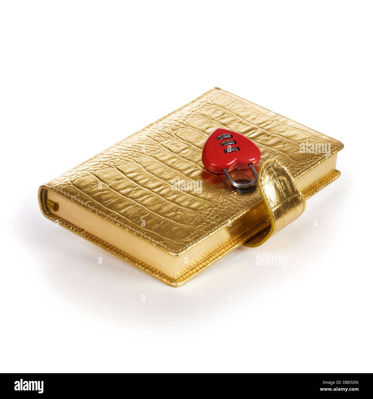 Luxury golden diary with heart shape padlock on white background Stock Photo