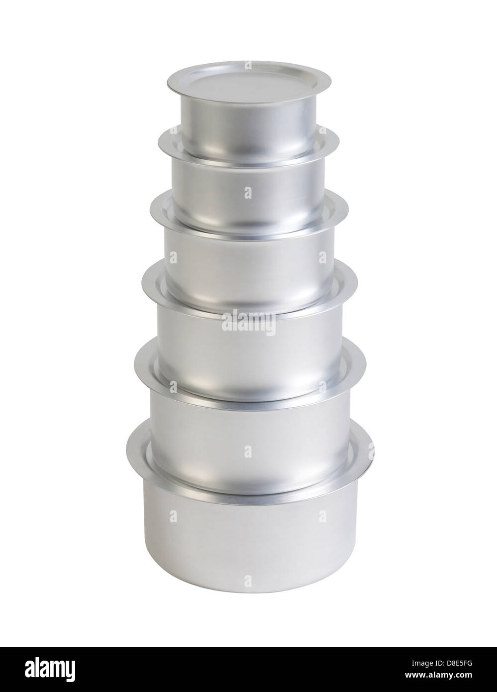 Set of aluminum pots in six sizes Stock Photo
