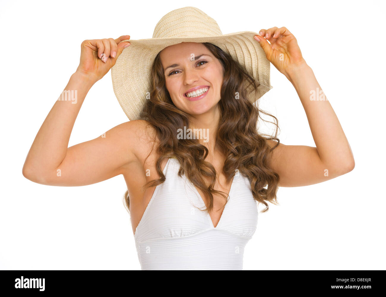 Portrait of smiling young woman in swimsuit and hat Stock Photo - Alamy