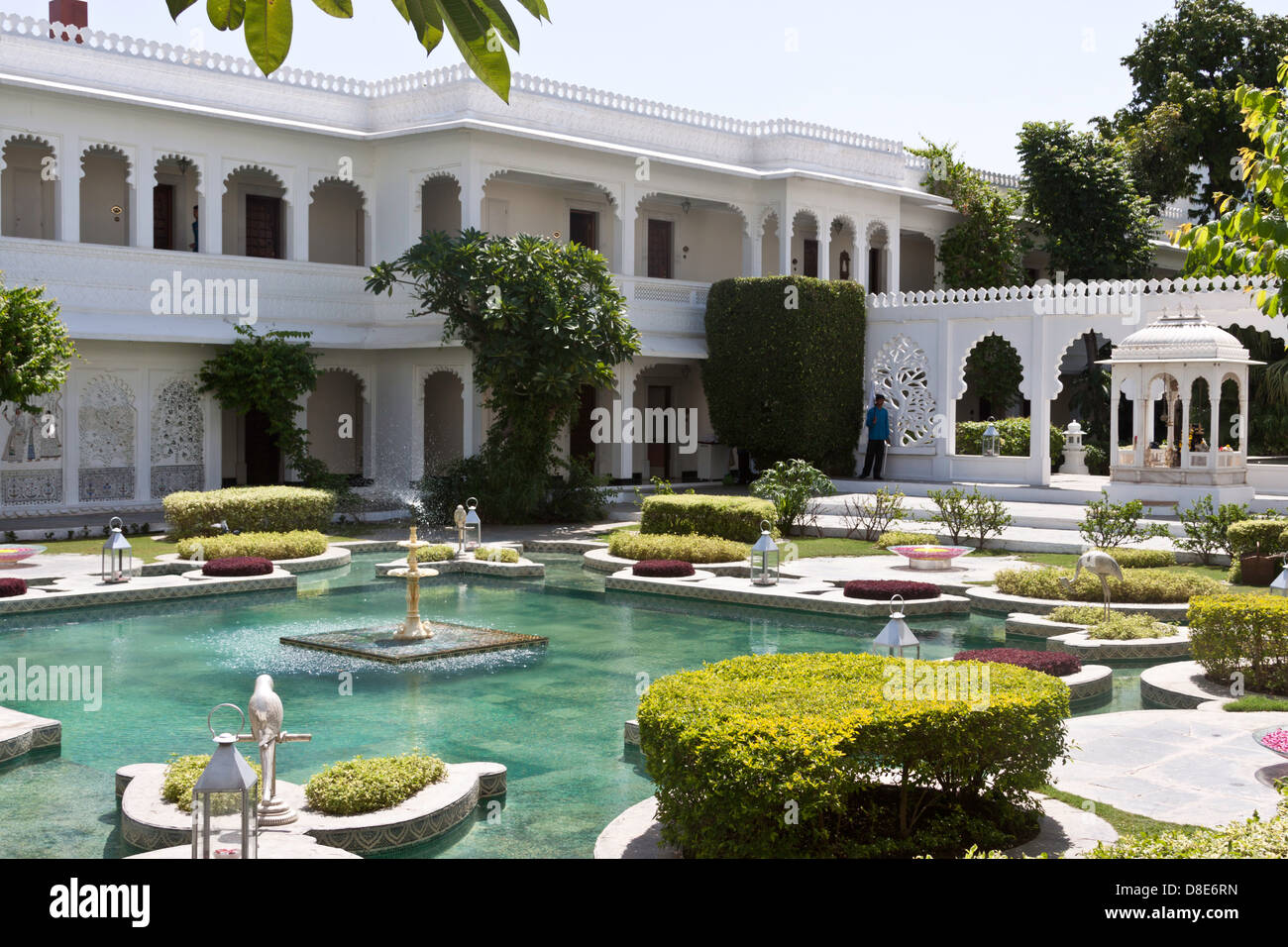 Lotus pond and Hindu temple inside the Taj Lake Palace hotel in Udaipur