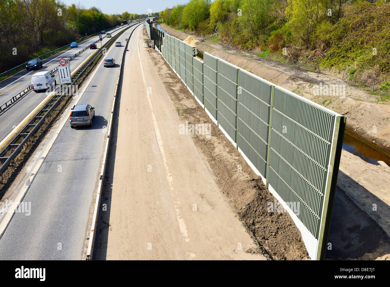 Construction of noise barriers on the highway 25 in Hamburg, Germany, Europe Stock Photo