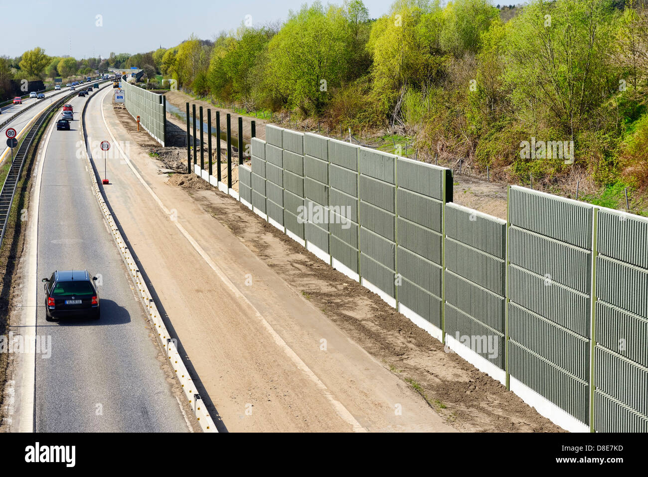 Construction of noise barriers on the highway 25 in Hamburg, Germany, Europe Stock Photo