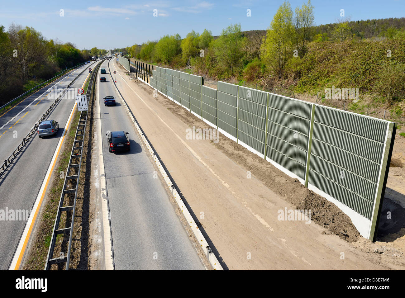 Construction of noise barriers on the highway 25 in Hamburg, Germany, Europe Stock Photo