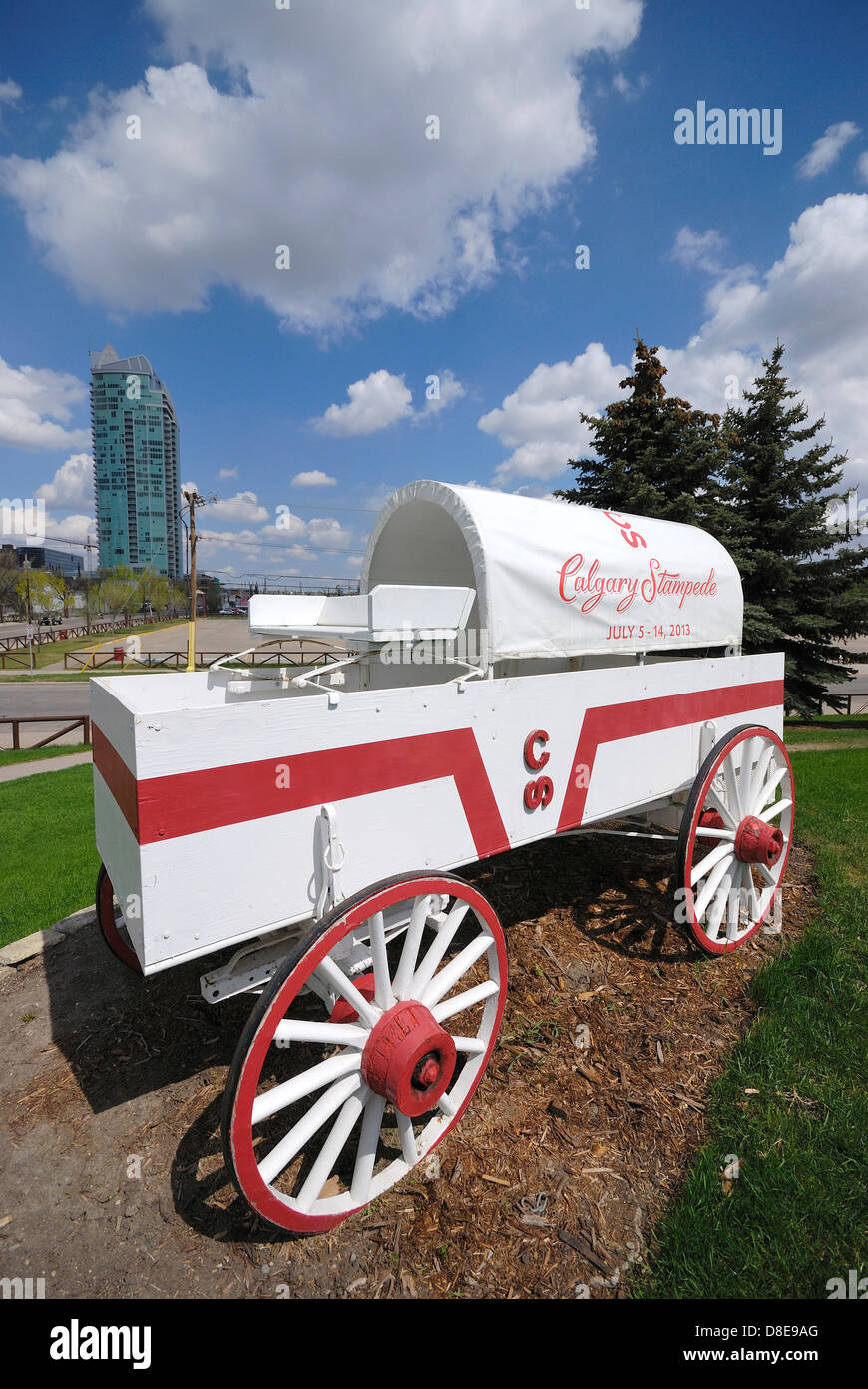 One of two chuckwagons located in front of the Calgary Stampede headquarters. Stock Photo