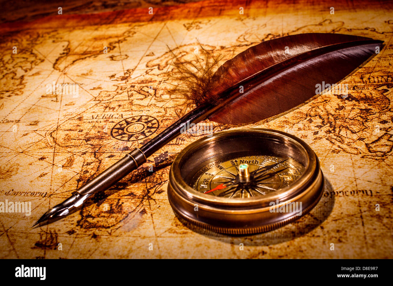 Vintage magnifying glass and compass lying on an old map Stock Photo ...