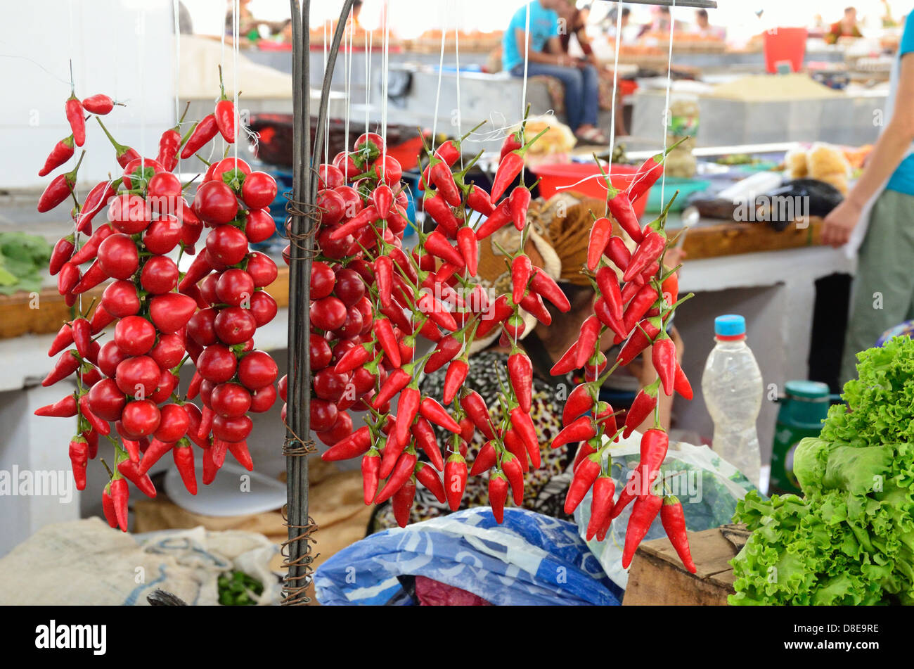 Chili peppers and tomatoes at Samarkand Siob Bazaar Stock Photo