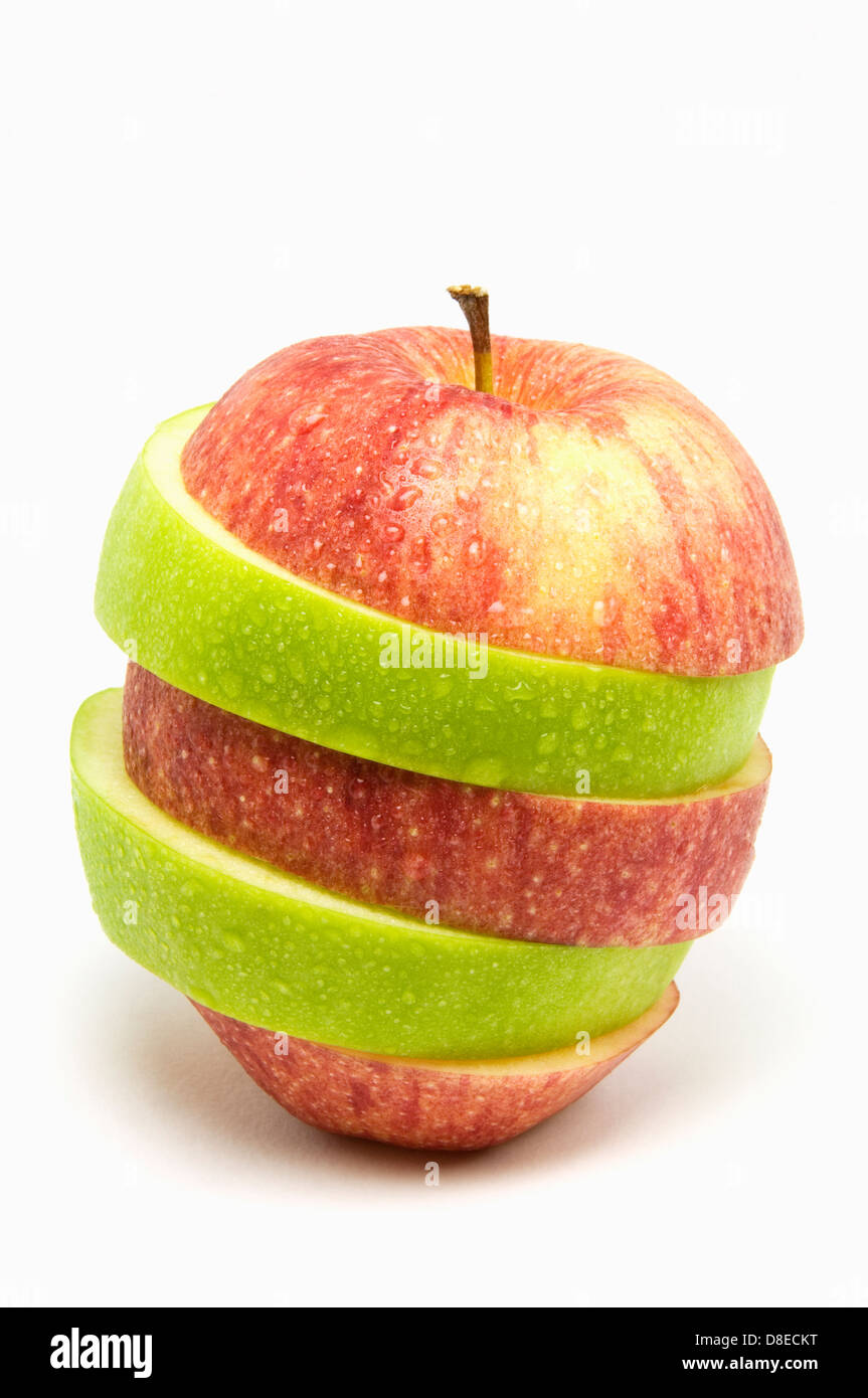 Red and Green Sliced Apple on White Background Stock Photo