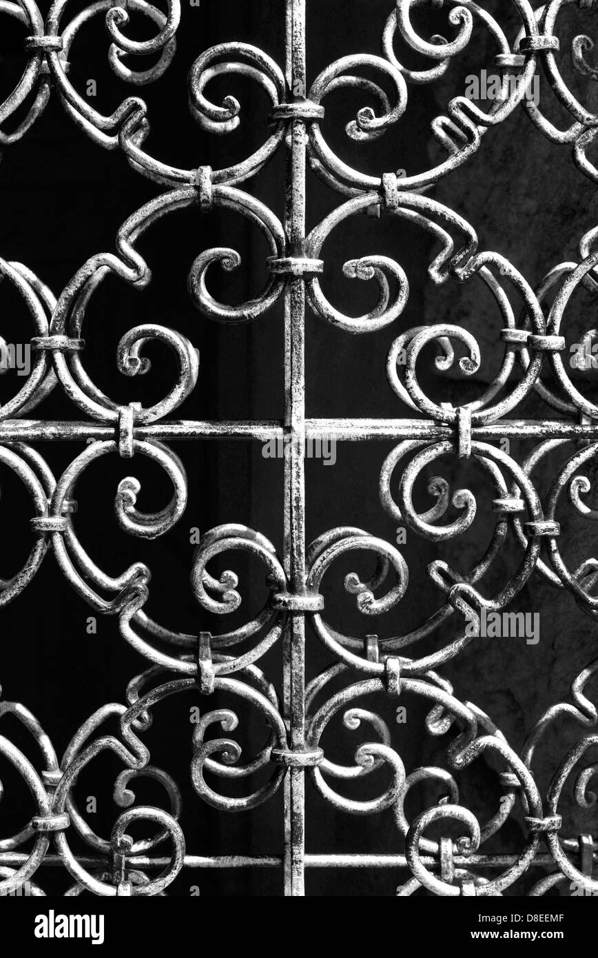Wrought iron gate, black and white Stock Photo