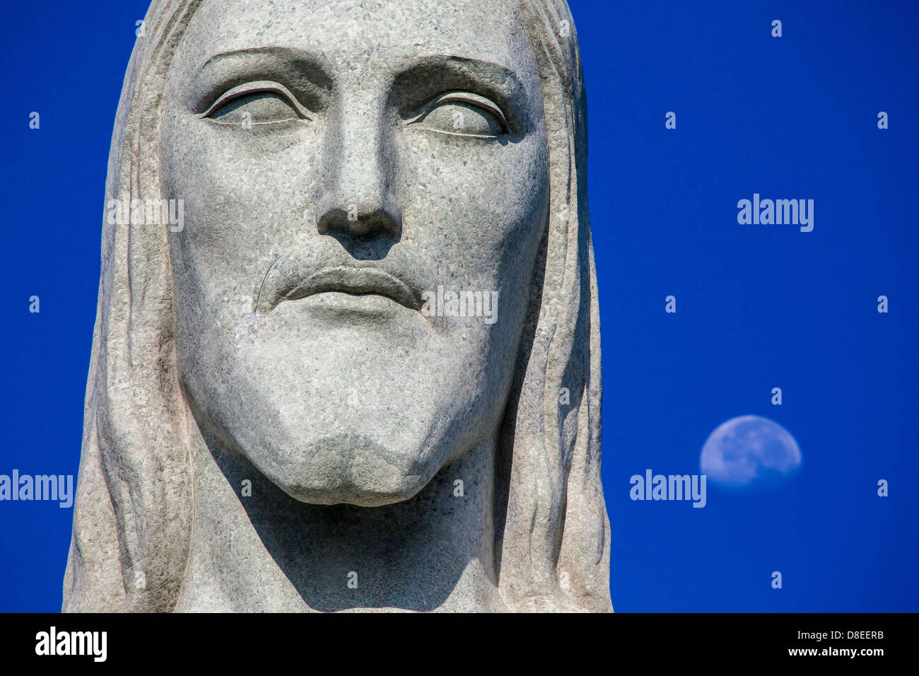 Christ the Redeemer face detail One of the New Seven Wonders of the World Rio de Janeiro travel destination Brazil Stock Photo