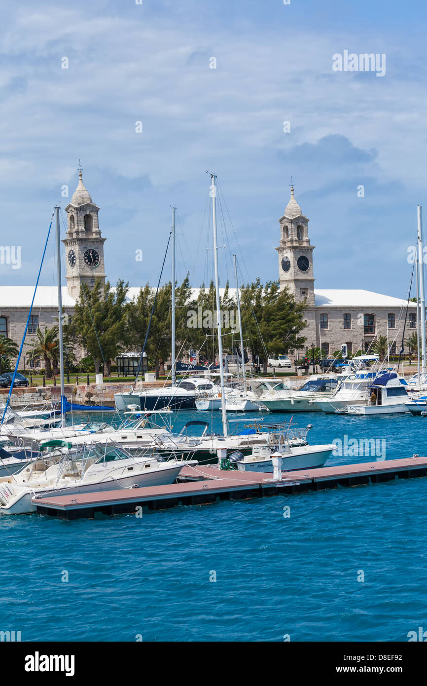 The clocktower building and the marina at the Royal Naval Dockyard, Bermuda. Stock Photo