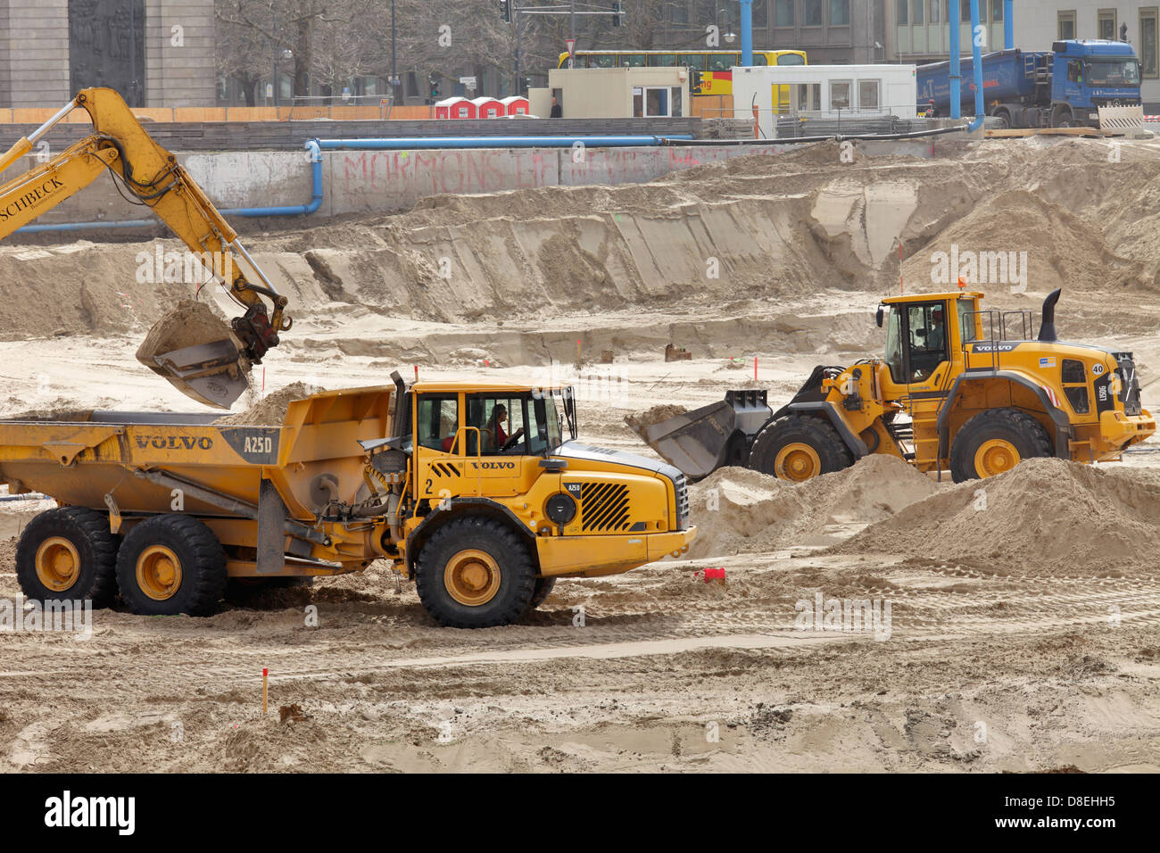 Berlin, Germany, excavators in the excavation for the Berliner Schloss