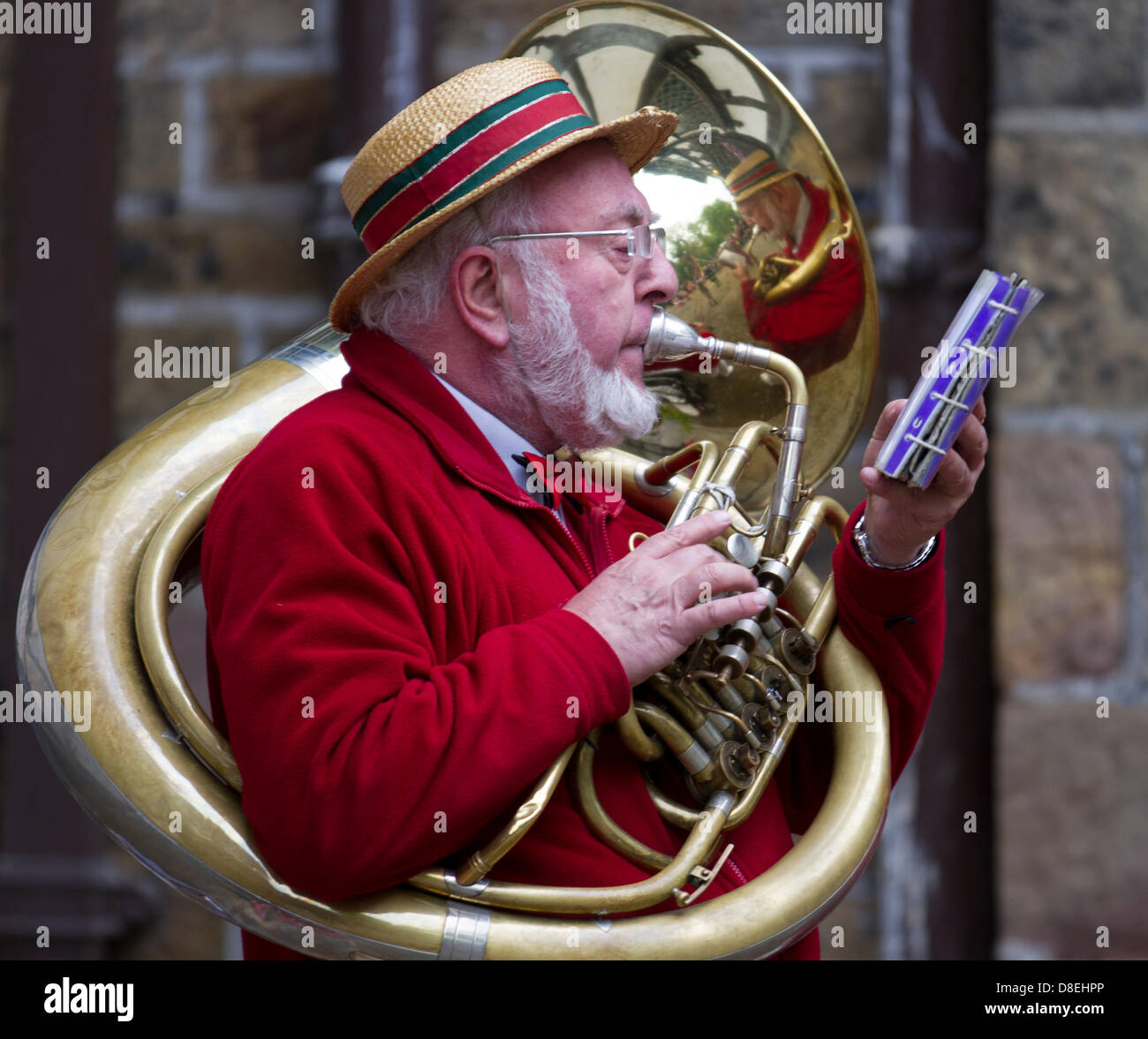 Turton tower, Lancashire, UK 27th May 2013.  Jeffrey Gilpin a player in Bourbon Brass Band at the annual traditional spring fair held in the grounds of the 600-year-old Turton Tower.  The event dates back more than 200 years, but went into decline in the early 20th century. It was revived in 2008 by the Friends of Turton Tower. Stock Photo