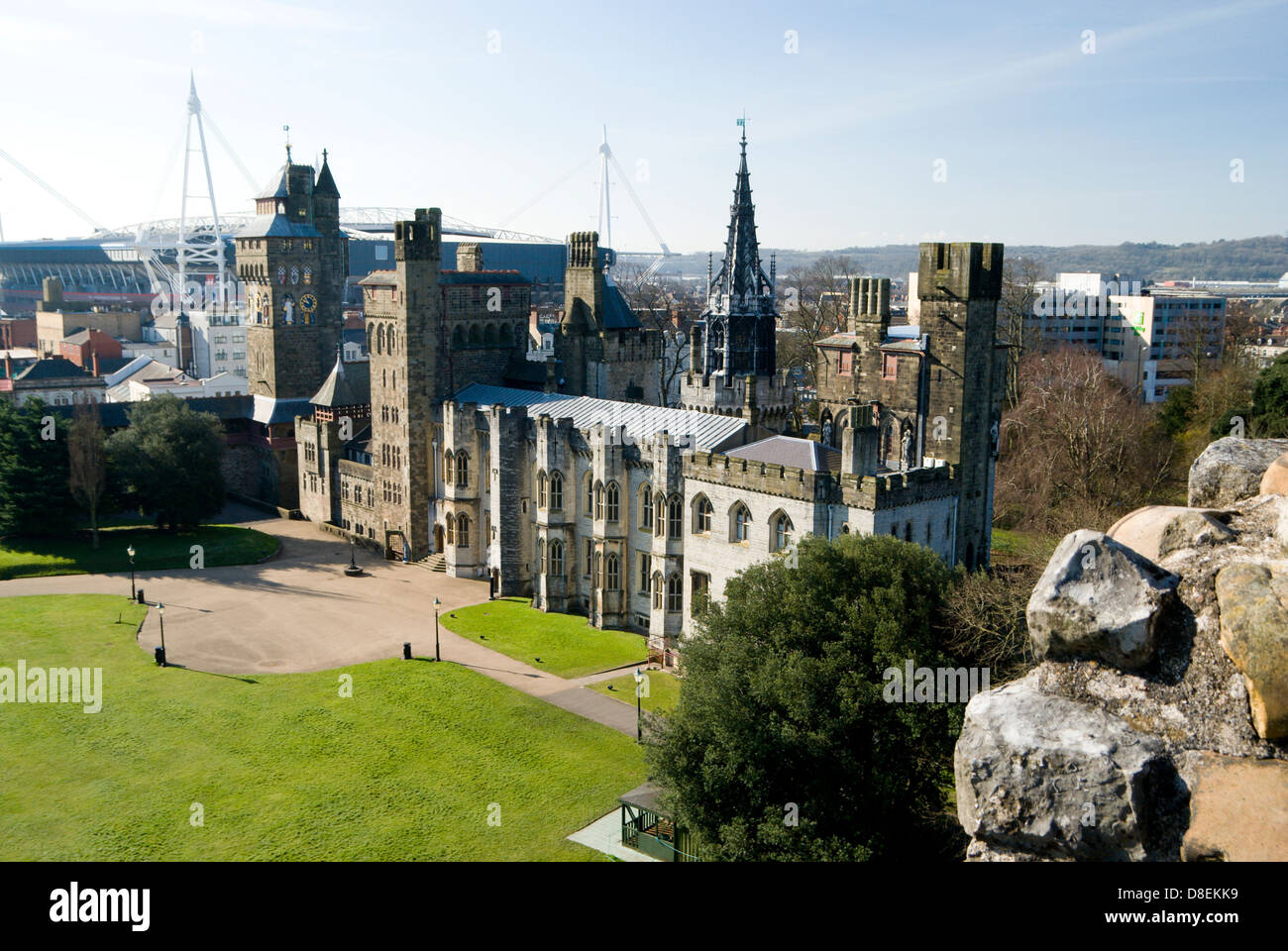 Cardiff Castle and the Millennium Stadium from the Castle Keep, Cardiff, Glamorgan, Wales, UK. Stock Photo