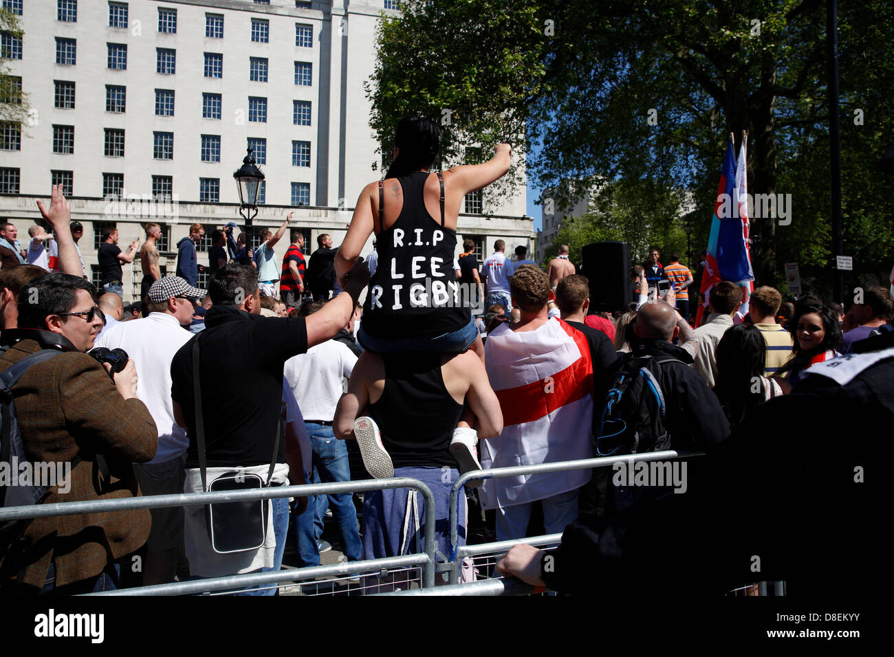 London, UK. 27th May, 2013. EDL marched to Downing street under strict police supervision while the UAF were holding a counter protest. Protesting against the murder of the english soldier Lee Rigby. Credit: Lydia Pagoni/Alamy Live News Stock Photo