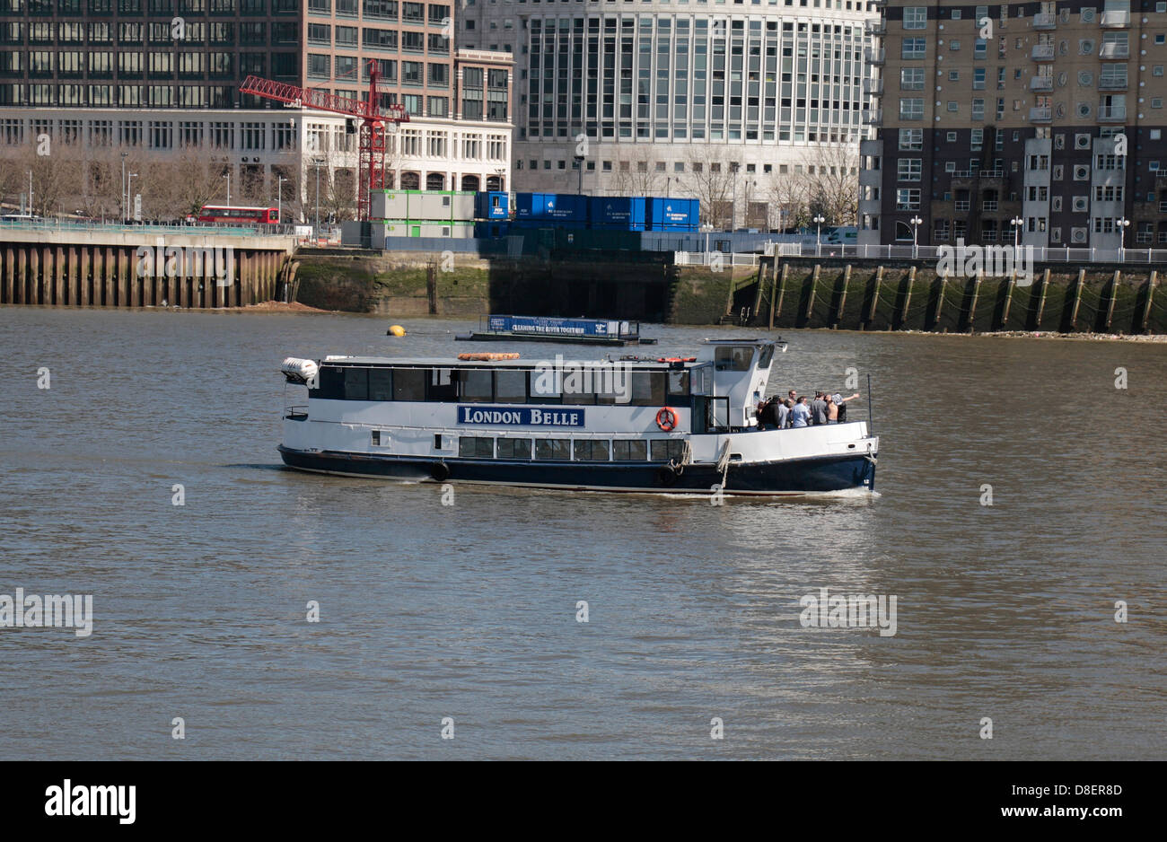 The MV 'London Belle' party hire barge sailing on the River Thames, London, UK. Stock Photo