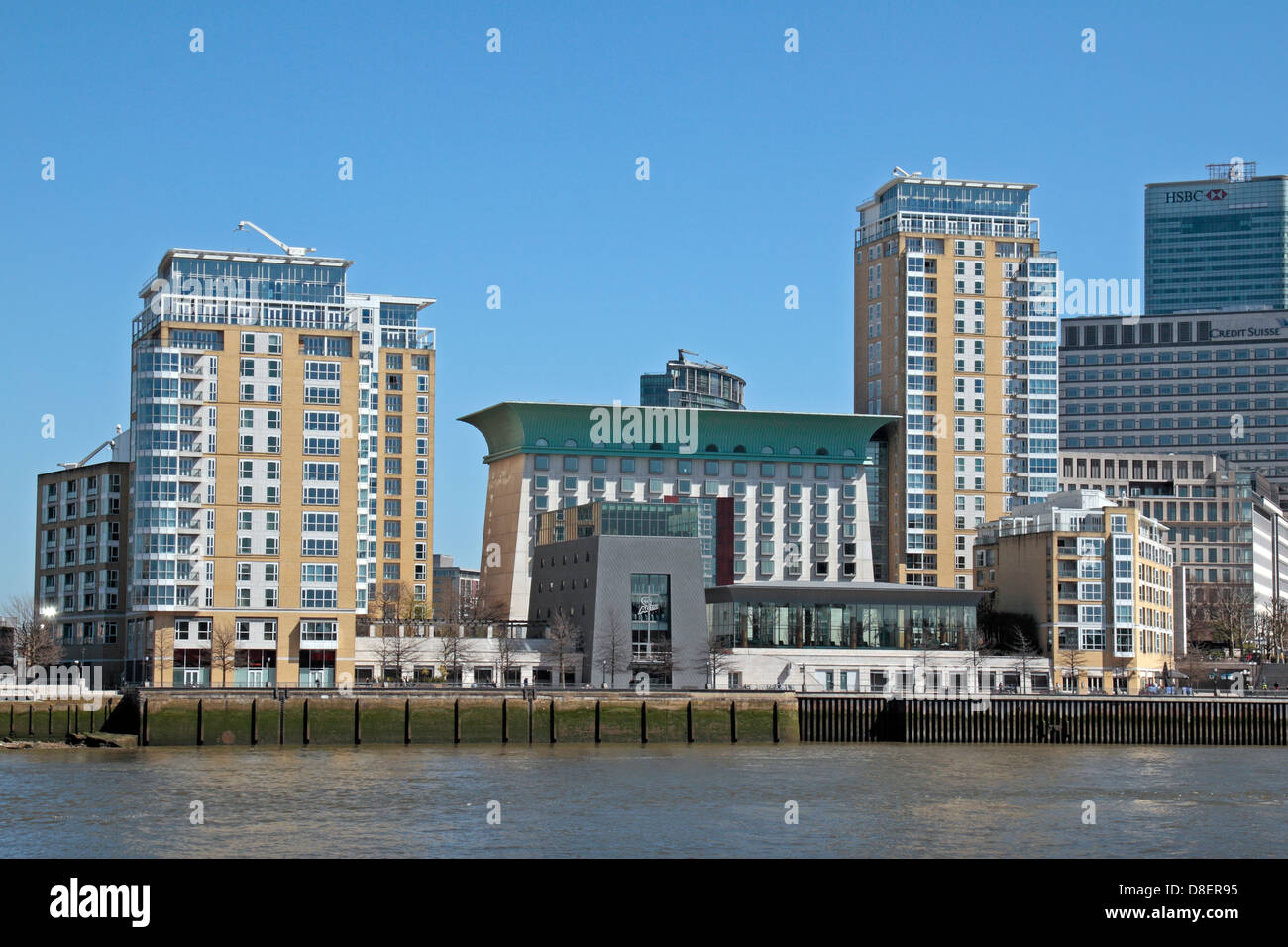 View from south banks of the River Thames towards part of the Canary Wharf estate, (called Riverside North), London, UK. Stock Photo