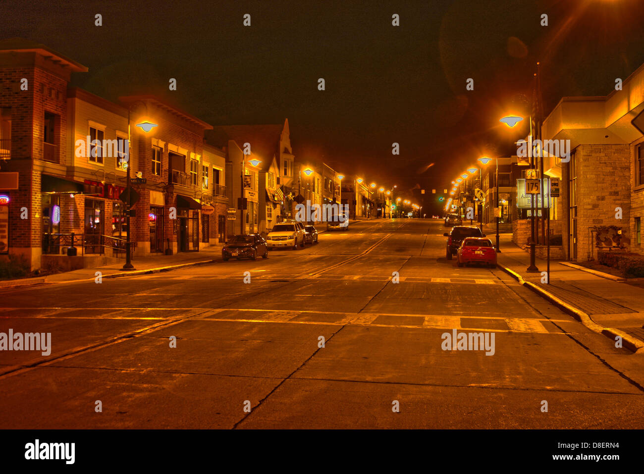 HDR image of Main Street in Menomonee Falls Wisconsin at night Stock Photo