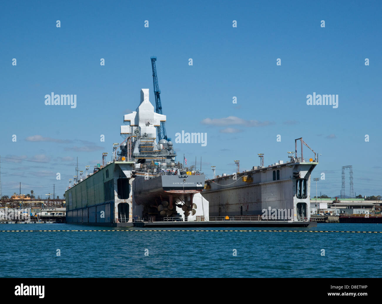 The USS Cape St George in dry dock at San Diego. Stock Photo