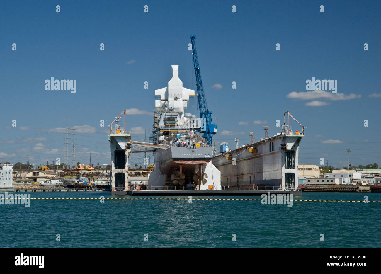 The USS Cape St George in dry dock at San Diego. Stock Photo
