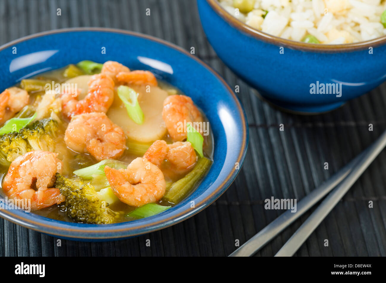 Chinese dish of prawns, broccoli and water chestnuts with ginger and